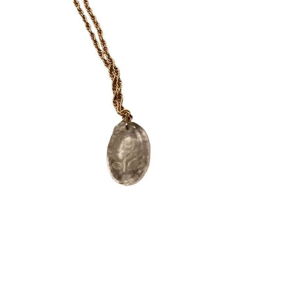 Vintage Etched Rose Glass Necklace Gold Tone Floral - Picture 3 of 7
